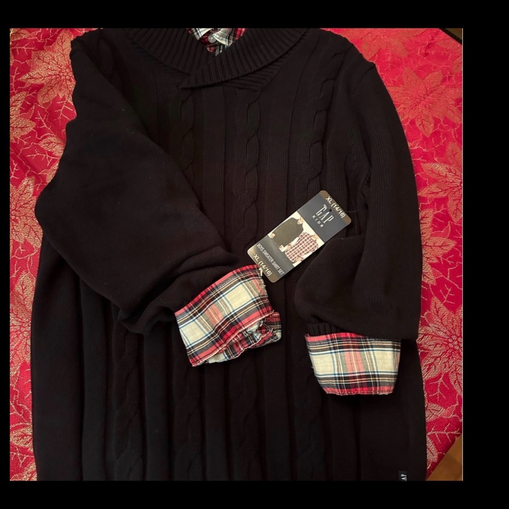 GAP Boys XL-Multicolor Plaid Button Down Shirt/Cable-knit Sweater set black